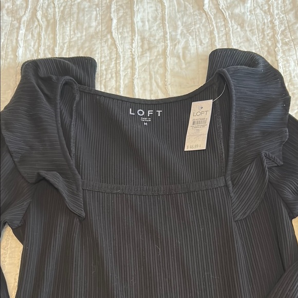 LOFT Black Ruffled Ribbed Blouse - Picture 2 of 2